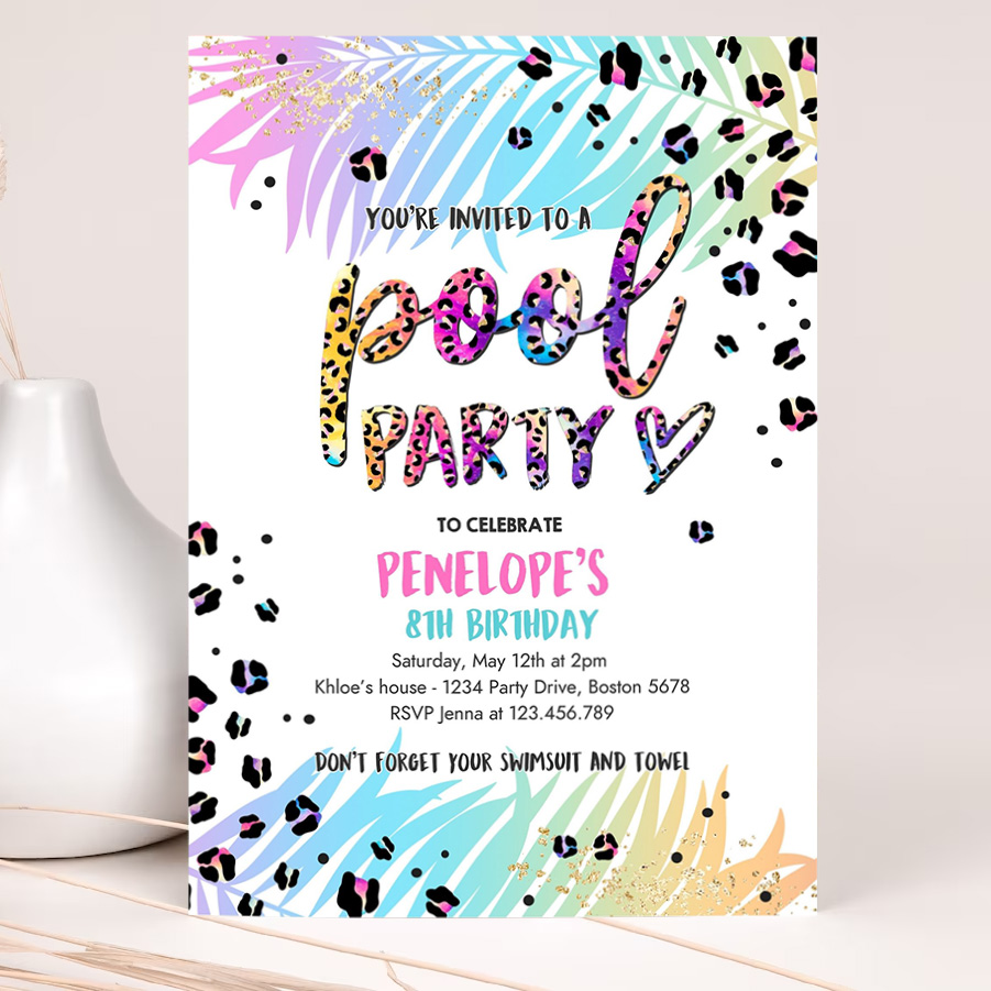 editable pool party invitation girly rainbow cheetah print pool birthday party summer pool party bash birthday party 2