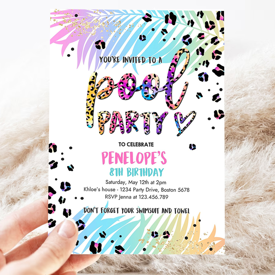 editable pool party invitation girly rainbow cheetah print pool birthday party summer pool party bash birthday party 3