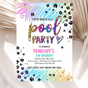 editable pool party invitation girly rainbow cheetah print pool birthday party summer pool party bash birthday party 5