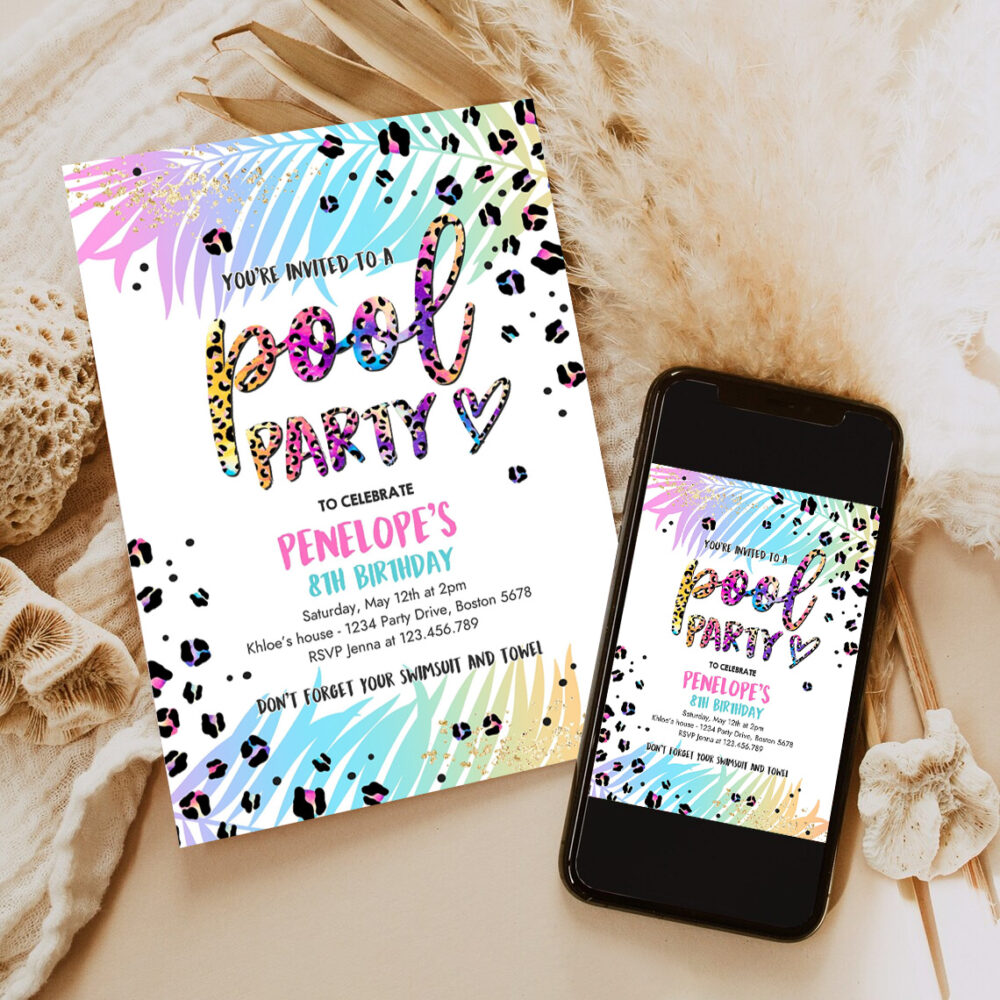 editable pool party invitation girly rainbow cheetah print pool birthday party summer pool party bash birthday party 6