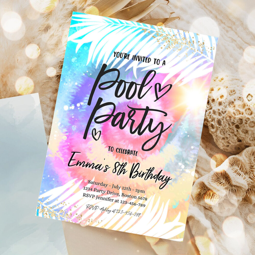 editable pool party invitation girly tie dye pool party invitation pool birthday party summer swimming pool party 1