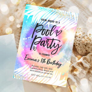editable pool party invitation girly tie dye pool party invitation pool birthday party summer swimming pool party 1