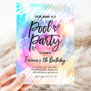 editable pool party invitation girly tie dye pool party invitation pool birthday party summer swimming pool party 3