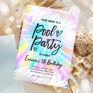 editable pool party invitation girly tie dye pool party invitation pool birthday party summer swimming pool party invitation 1