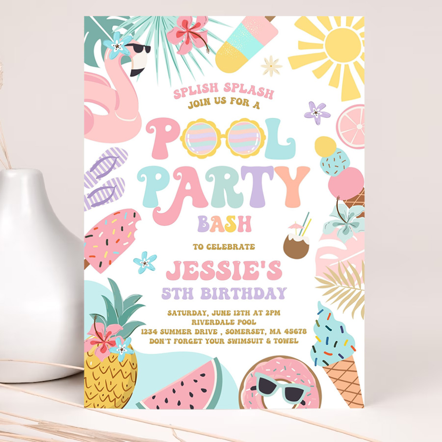 editable pool party invitation tropical splish splash girly pool party invitation summer swimming pool splash pad party 2