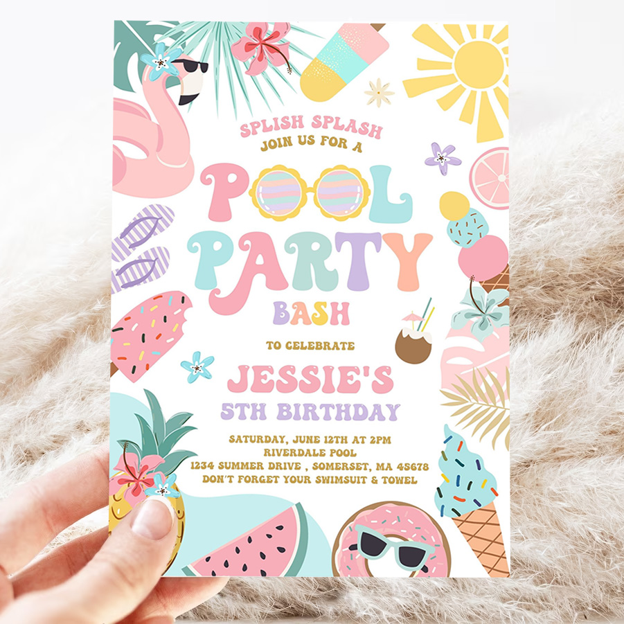 editable pool party invitation tropical splish splash girly pool party invitation summer swimming pool splash pad party 3