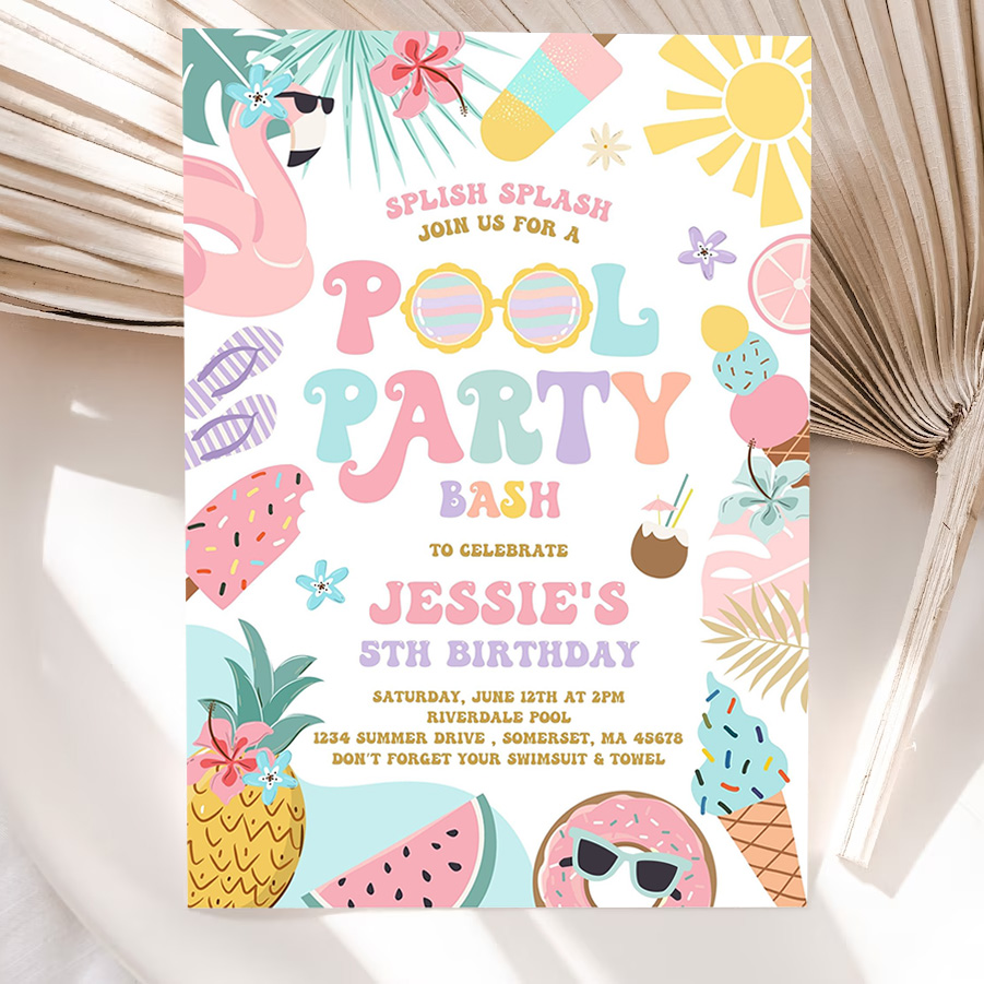 editable pool party invitation tropical splish splash girly pool party invitation summer swimming pool splash pad party 5