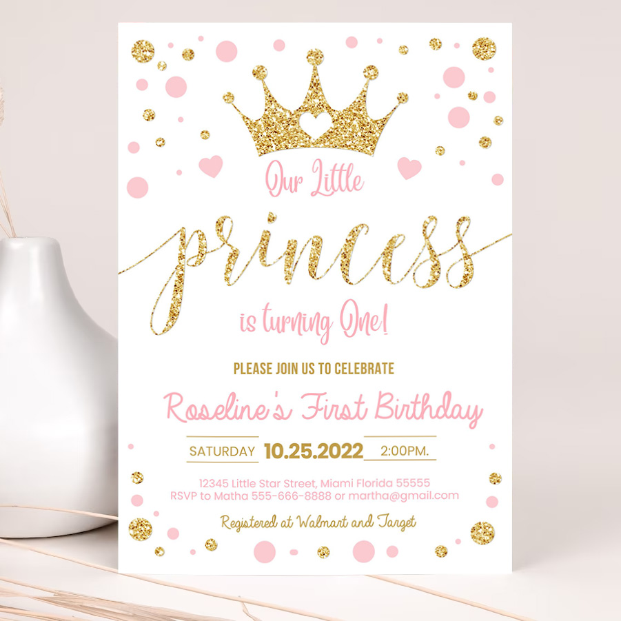 editable princess birthday invitation pink and gold little princess invitations party first gold girl invite 2