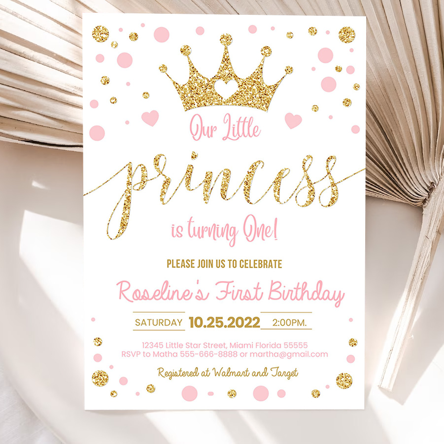 editable princess birthday invitation pink and gold little princess invitations party first gold girl invite 5