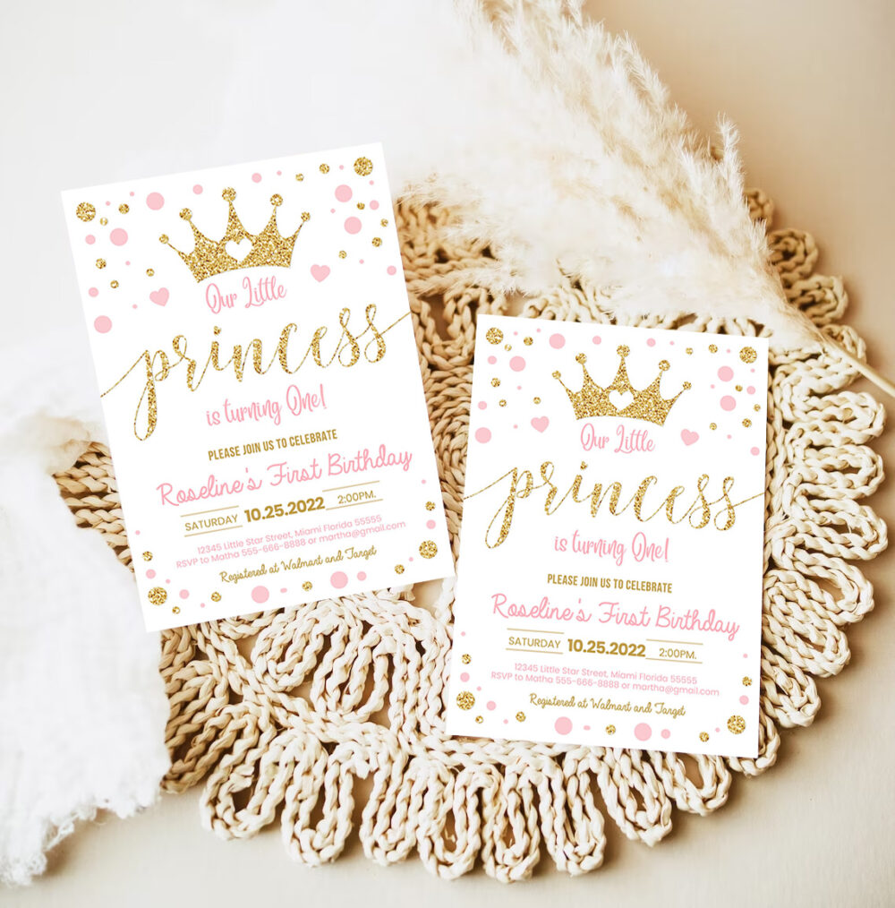 editable princess birthday invitation pink and gold little princess invitations party first gold girl invite 7