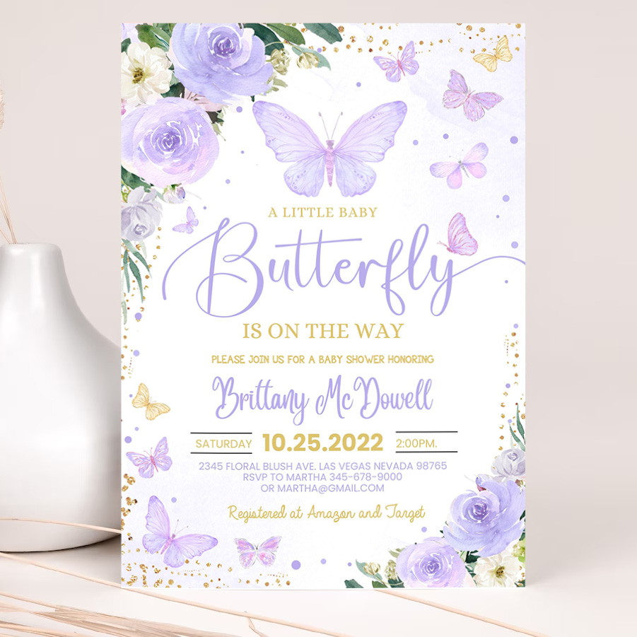 editable purple butterfly baby shower invitation girl butterfly theme baby shower invite printable template 2
