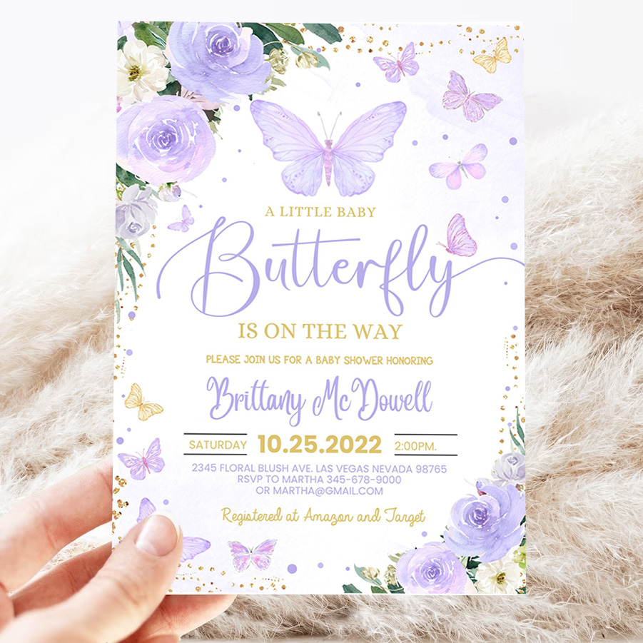 editable purple butterfly baby shower invitation girl butterfly theme baby shower invite printable template 3
