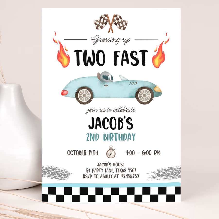 editable racing car birthday invitation growing up two fast invite second birthday 2nd boy party invitation 2