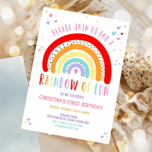 editable rainbow birthday invitation girls rainbow party gold rainbow clouds rainbow of fun printable 1