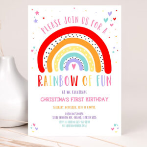 editable rainbow birthday invitation girls rainbow party gold rainbow clouds rainbow of fun printable 2