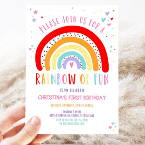 editable rainbow birthday invitation girls rainbow party gold rainbow clouds rainbow of fun printable 3