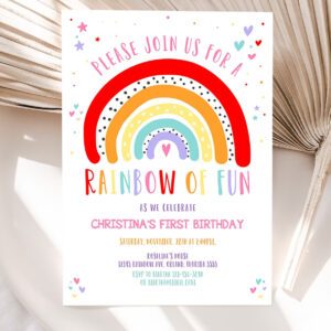 editable rainbow birthday invitation girls rainbow party gold rainbow clouds rainbow of fun printable 5