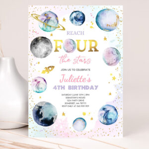 editable reach four the stars space birthday invitation girl pink planets galaxy outer space birthday party 2