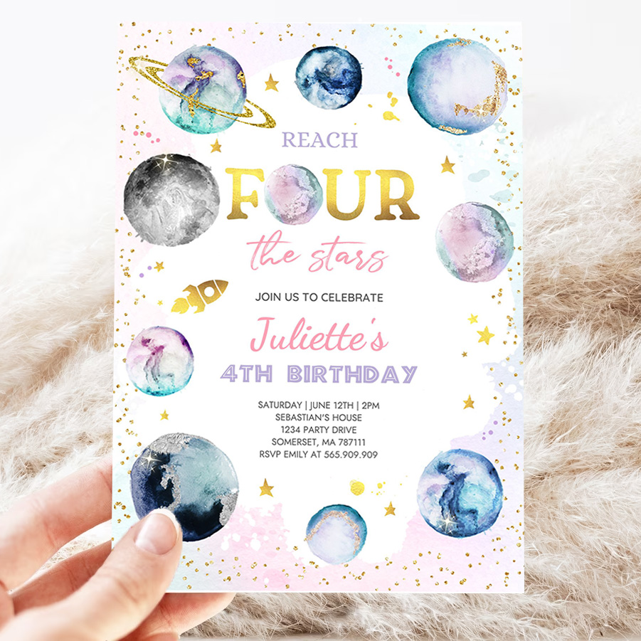 editable reach four the stars space birthday invitation girl pink planets galaxy outer space birthday party 3
