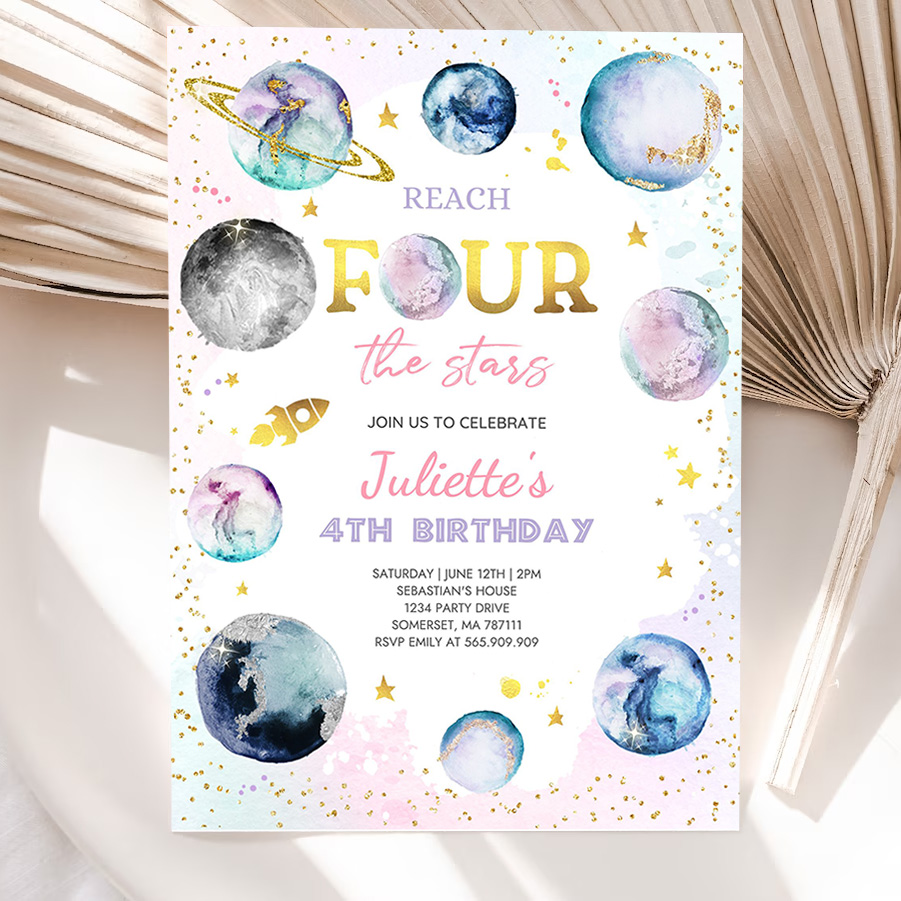 editable reach four the stars space birthday invitation girl pink planets galaxy outer space birthday party 5