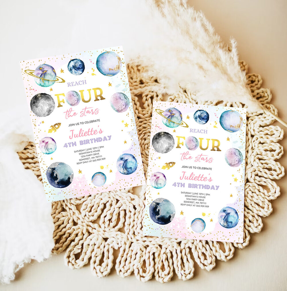 editable reach four the stars space birthday invitation girl pink planets galaxy outer space birthday party 7