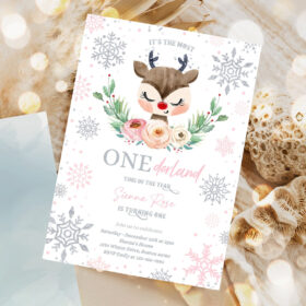 editable reindeer winter onederland birthday invitation pink silver most onederful time of the christmas birthday 1