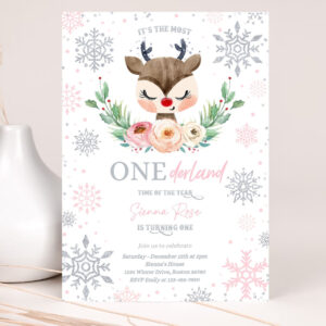 editable reindeer winter onederland birthday invitation pink silver most onederful time of the christmas birthday 2