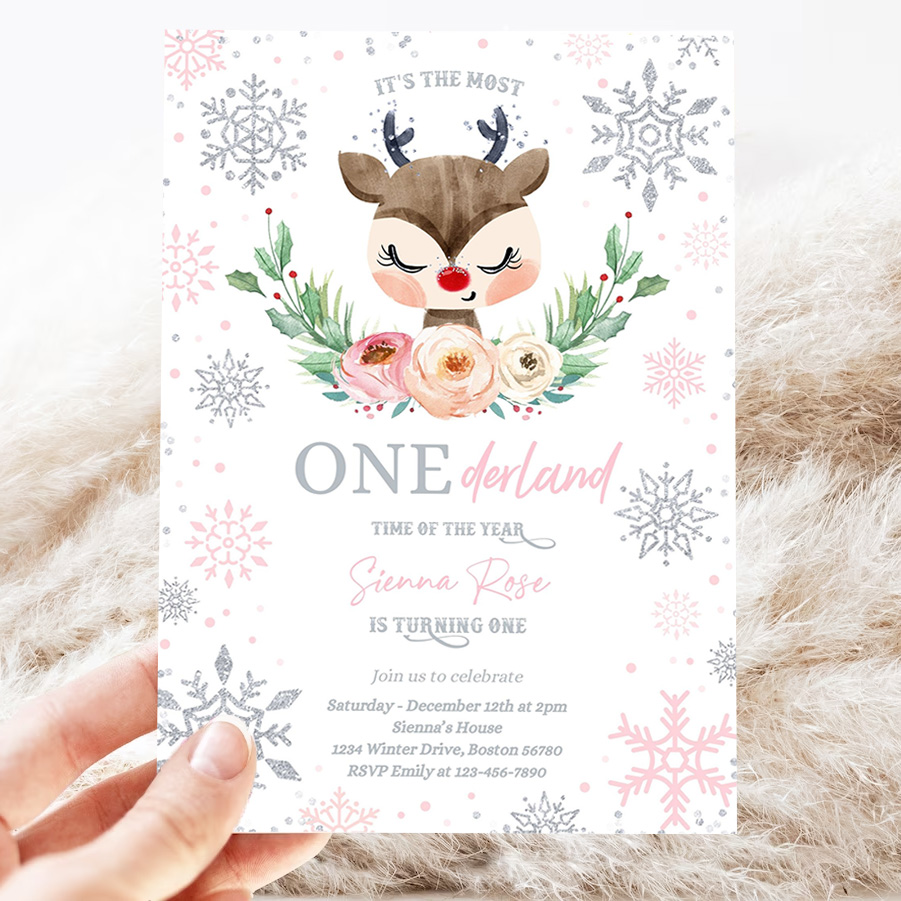 editable reindeer winter onederland birthday invitation pink silver most onederful time of the christmas birthday 3