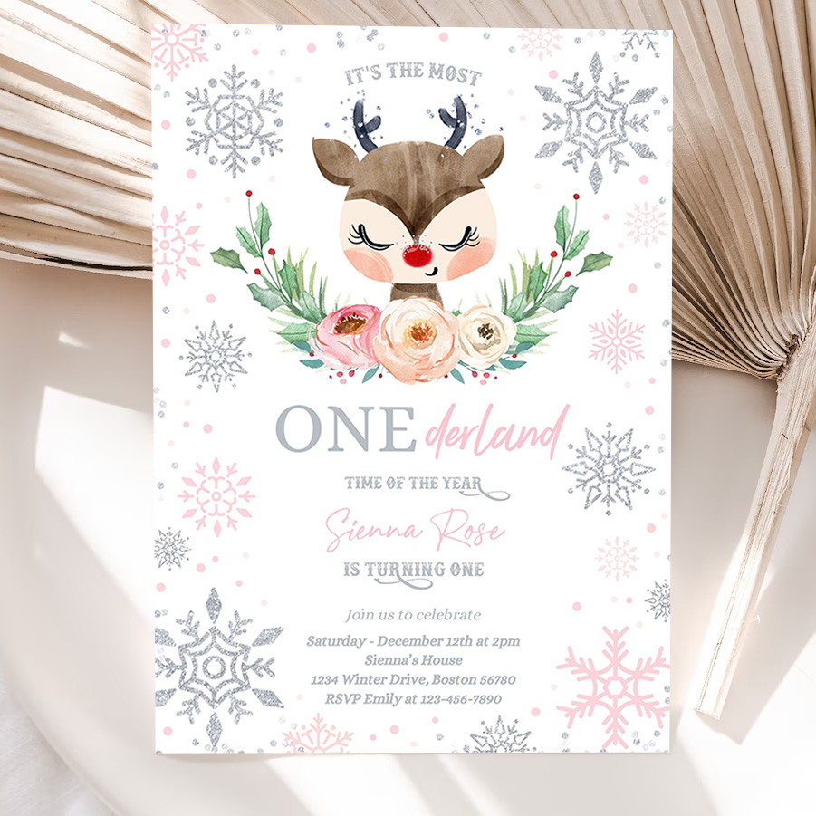 editable reindeer winter onederland birthday invitation pink silver most onederful time of the christmas birthday 5