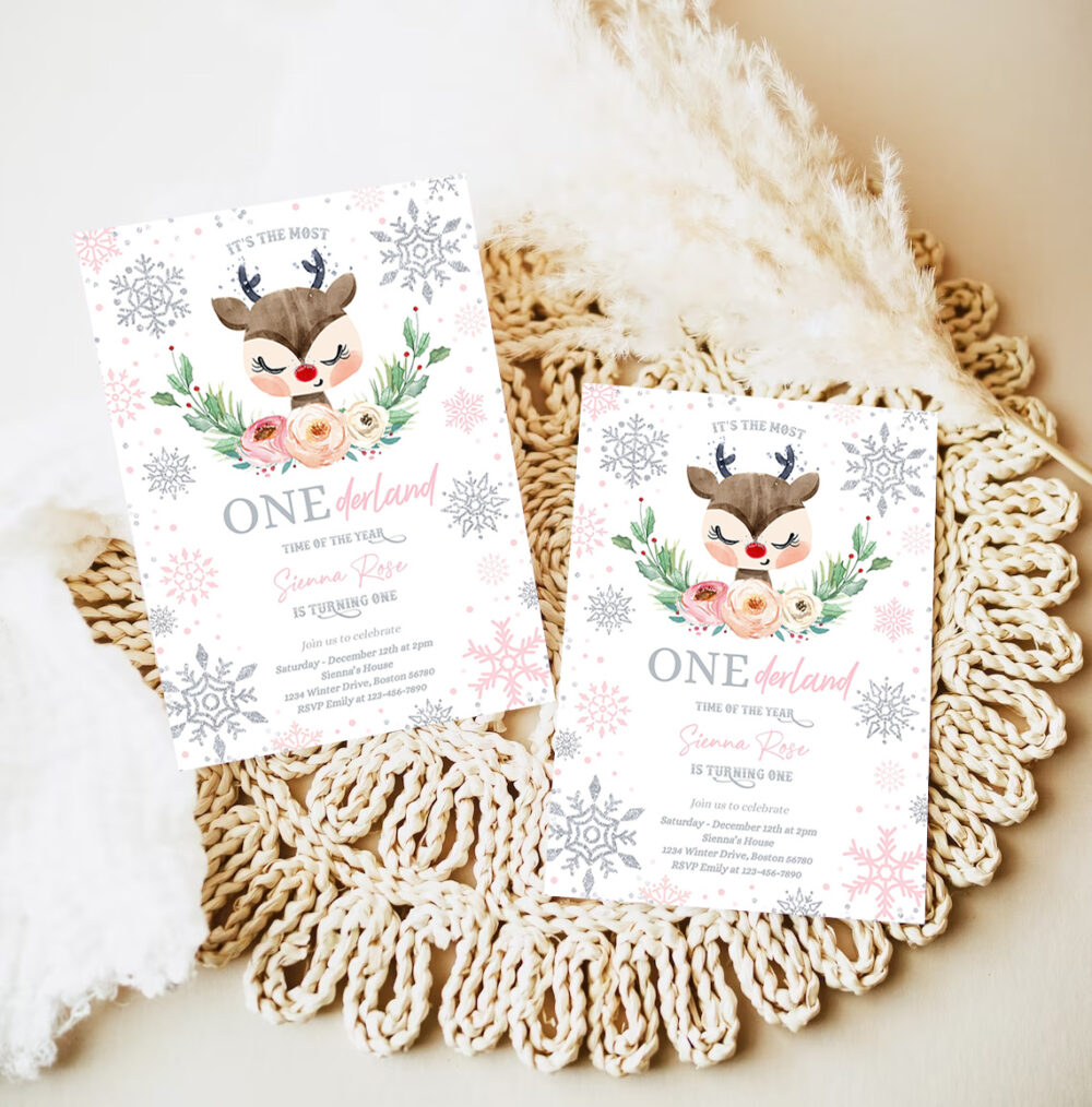 editable reindeer winter onederland birthday invitation pink silver most onederful time of the christmas birthday 7