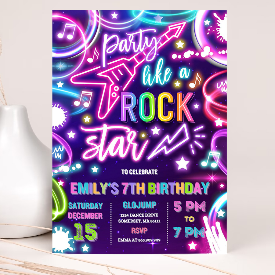 editable rock star birthday party invitation neon glow party like a rockstar birthday neon glow singing music party 2