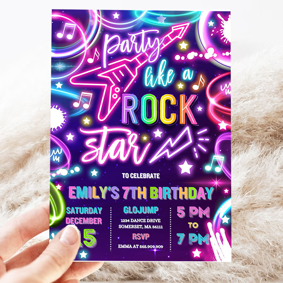 editable rock star birthday party invitation neon glow party like a rockstar birthday neon glow singing music party 3