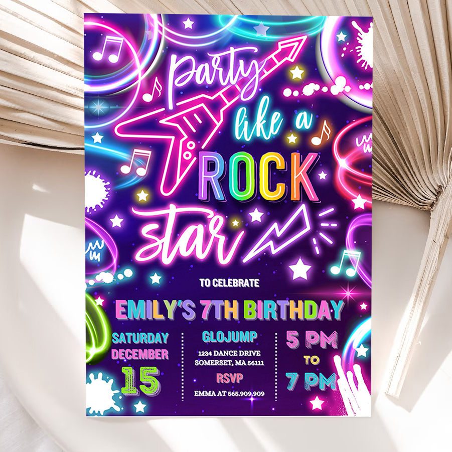 editable rock star birthday party invitation neon glow party like a rockstar birthday neon glow singing music party 5