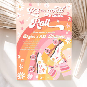editable roller skating birthday party invitation groovy retro let the good times roll 70s roller skating rink birthday 5