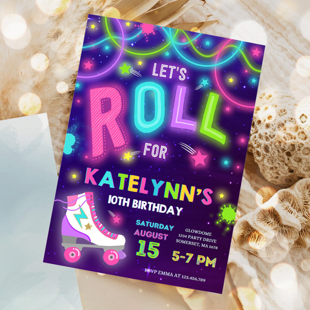editable roller skating invitation glow roller skating birthday party invitation roller skating neon glow disco dance party 1