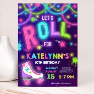 editable roller skating invitation glow roller skating birthday party invitation roller skating neon glow disco dance party 2