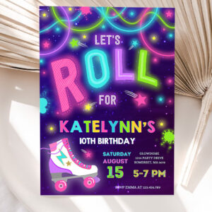 editable roller skating invitation glow roller skating birthday party invitation roller skating neon glow disco dance party 5