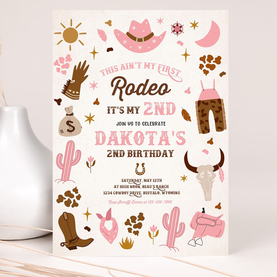 editable second rodeo cowgirl birthday party pink wild west cowgirl 2nd rodeo southwestern ranch birthday 2