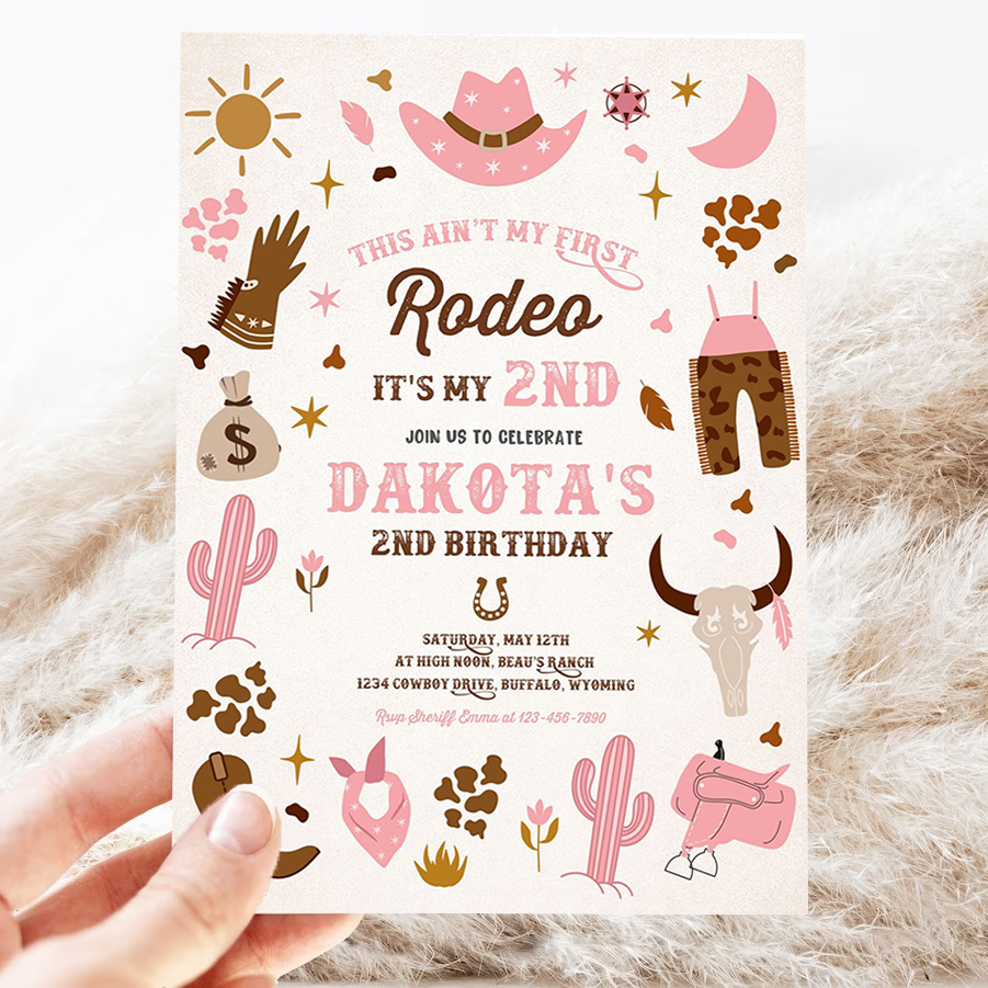 editable second rodeo cowgirl birthday party pink wild west cowgirl 2nd rodeo southwestern ranch birthday 3