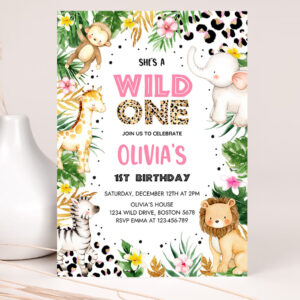 editable shes a wild one leopard print safari animals 1st birthday party invitation leopard print jungle 1st birthday party 2