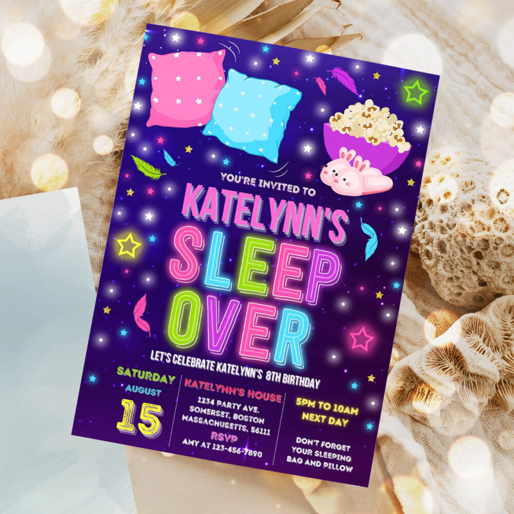 editable sleepover invitation slumber party invitation sleepover birthday invitation pajama party neon glow sleepover party 1