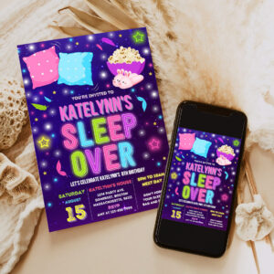 editable sleepover invitation slumber party invitation sleepover birthday invitation pajama party neon glow sleepover party 6