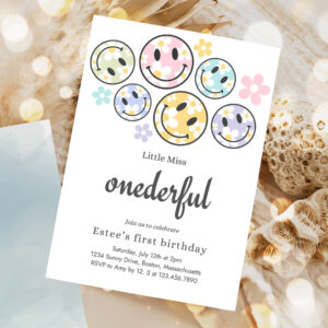 editable smiley daisy face birthday invitation pastel daisy little miss onederful 1st birthday happy face party 1