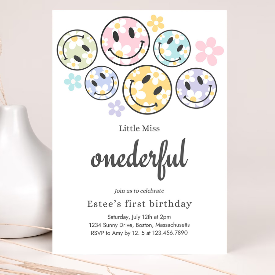 editable smiley daisy face birthday invitation pastel daisy little miss onederful 1st birthday happy face party 2