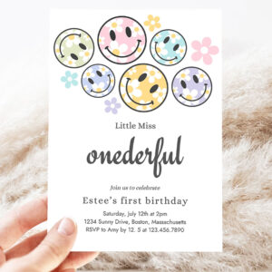 editable smiley daisy face birthday invitation pastel daisy little miss onederful 1st birthday happy face party 3