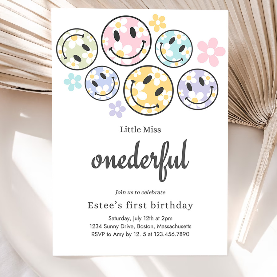 editable smiley daisy face birthday invitation pastel daisy little miss onederful 1st birthday happy face party 5