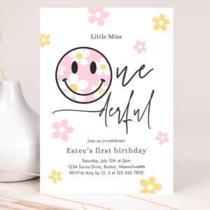 editable smiley daisy face birthday party invitation pastel daisy little miss onederful 1st birthday happy face party 2