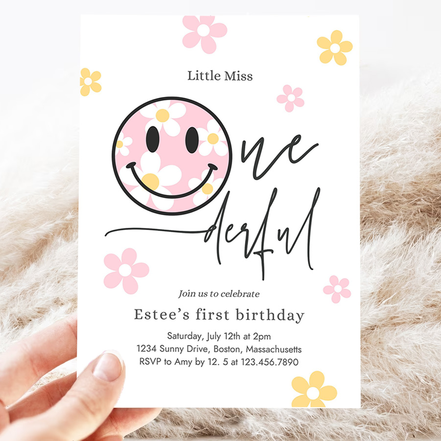 editable smiley daisy face birthday party invitation pastel daisy little miss onederful 1st birthday happy face party 3