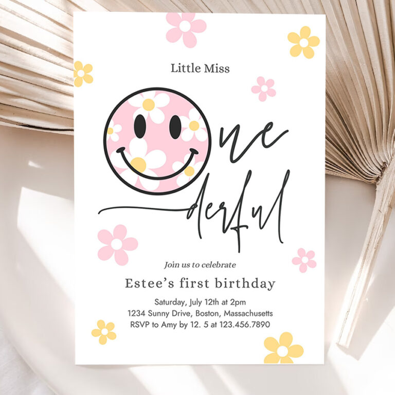 editable smiley daisy face birthday party invitation pastel daisy little miss onederful 1st birthday happy face party 5