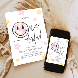 editable smiley daisy face birthday party invitation pastel daisy little miss onederful 1st birthday happy face party 6